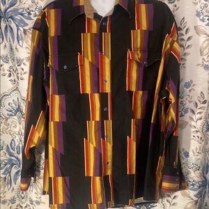 Wrangler Men's Vintage Dress Shirt - Black, Purple, Yellow, Red Stripes